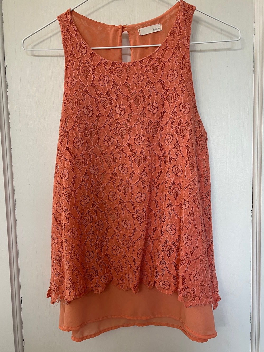 Orange tank with crochet overlay by Jella C, XS